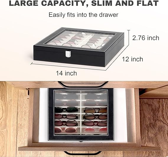 Sunglasses Organizer Case with 16 Adjustable Slots, Eyeglasses Display with Lid, Eyewear Storage Box for Large Glasses